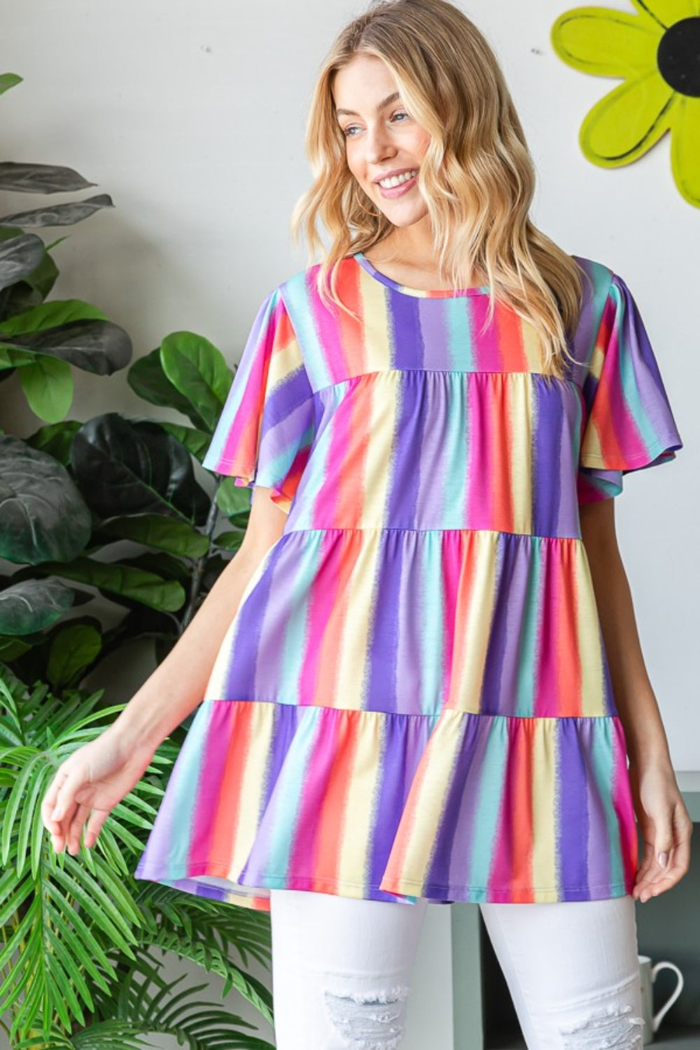 Heimish Full Size Short Sleeve Striped Tiered Top Heimish Full Size Short Sleeve Striped Tiered Top